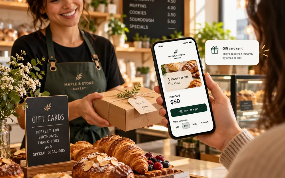 A bakery owner handing a wrapped gift box to a customer while they send a digital gift card from their phone